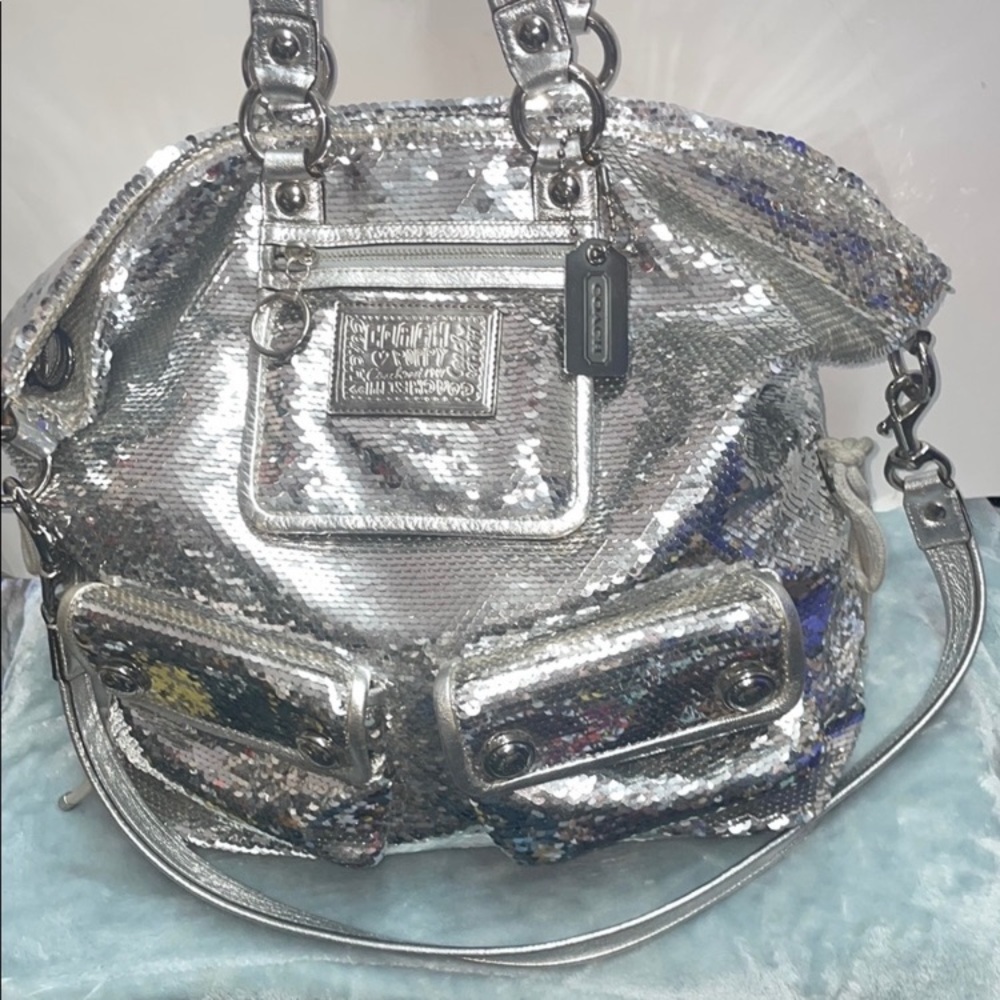 Coach Poppy Silver Sequin Spotlight Limited Edition XL Bag EUC